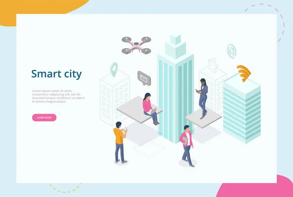 Modern teknik, innovation och smarta tjänster. Smart City med moderna byggnader och människor som använder enheter anslutna till Internet. Förstärkt verklighet. 3D Isometrisk vektor Illustration — Stock vektor