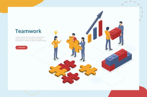 Teamwork, Team Support, Partnerskap, Samarbete, Affärsidé. Affärskollegor, Chefer, Partners, medarbetare Samarbeta och samla pussel tillsammans. 3D Isometrisk vektor Illustration — Stock vektor