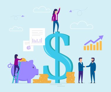 İş ve Finans, Tasarruf Stratejisi. Kadın karakterler büyük dolar işaretine tırmanıyor, kumbaraya bozuk para koyuyor. İş ortakları el sıkışıyor, başarılı bir anlaşma. Düz Biçim Vektör İllüstrasyonu