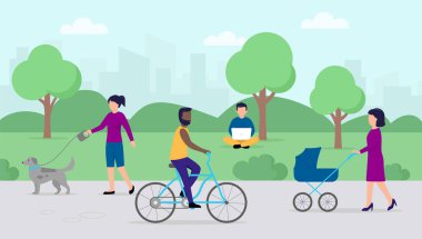 Boş zaman kavramı. Yeşil ağaçlar ve yürüyüş yolu olan şehir parkındaki insanlar. Kadınlar Bebek Arabası ve Köpek Adam Bisikletle Yürür. Şehir ve şehir parkı doğası. Düz Biçim Vektör İllüstrasyonu