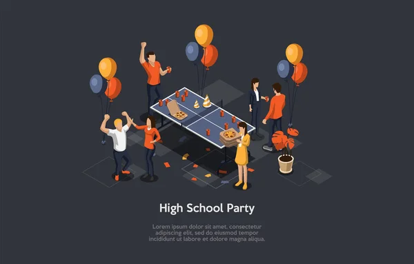 Bildung und Graduiertenkonzept. High School Party mit Pizza, Konfetti, Getränken und Luftballons. College Feier der Abschlusssitzung, Gratulationsevent. Bunte 3D Isometrische Vektorillustration — Stockvektor