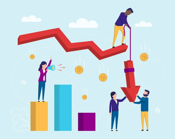 Üzleti és pénzügyi koncepció. Rajzfilmfigurák álló infografikák növekedési skála. Női karakter hangszóróval, Zuhanó pénz. A férfi karakter felhúzza a nyilat. Lapos stílus vektor illusztráció — Stock Vector