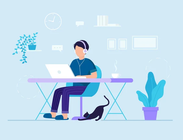 Conceito de Trabalhador Freelance. Freelancer trabalha com laptop em casa de manhã. Personagem masculino senta-se na poltrona na mesa, usando computador, fones de ouvido e Wi-Fi. Ilustração vetorial em estilo plano — Vetor de Stock