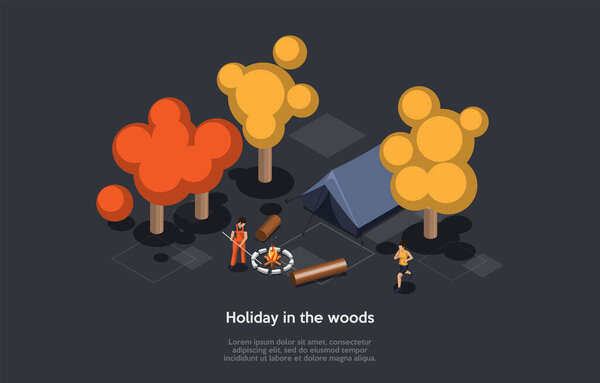 Camping, Holidays And Vacations Concept. Male And Female Characters Spend A Holiday In The Woods Having A Safe Campfire. Man Set Up A Tent For The Overnight. Colorful 3d Isometric Vector Illustration — Stock Vector