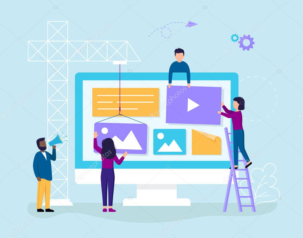 Collective Work, Teamwork Concept. Collaboration With Colleagues. People Put On The Screen Different Video, Picture And Text Icons Related To Online Media. Colorful Vector Illustration In Flat Style