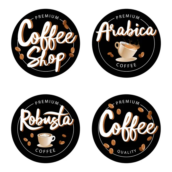 Vektorillustration der handgeschriebenen Kaffeebrief-Logos. Schöne Reihe von vier runden Etiketten, Abzeichen isoliert auf weißem Hintergrund. Flache Cartoon-Elemente mit weißen Buchstaben, Kaffeekörnern und Tassen — Stockvektor