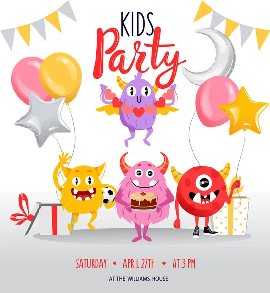 Einladungsplakat für Kinder im flachen Cartoon-Stil. Vektor-Illustration von Kinder-Party-Plakat mit glücklich lächelnden Monsterfiguren auf weißem Hintergrund. Bunte Luftballons und Geschenkboxen — Stockvektor