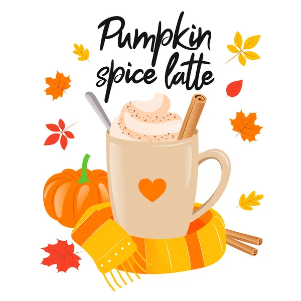 Pompoen Spice Latte Teken met zwarte letters tekst en koffiebeker. Gezellige Autumnal Vector Illustratie op witte achtergrond met bladeren. Cartoon platte stijl poster van speciale seizoensgebonden koffie met kaneel — Stockvector