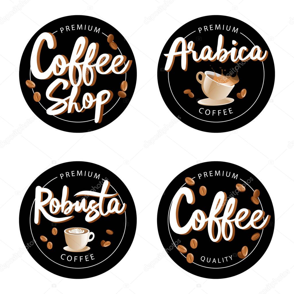 Vector Illustration Of Hand Written Coffee Lettering Logos. Lovely Set Of Four Round Labels, Badges Isolated On White Background. Flat Style Cartoon Elements With White Letters, Coffee Grains And Cups