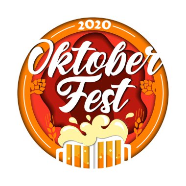 Ekim Bira Festivali 2020 Konsepti. Büyük Yuvarlak İkon Kırmızı, Turuncu, Sarı, Ekimin Sonbahar Renkleri Bira Kutlama Festivali 2020 Beyaz Arkaplan 'da tecrit edildi. Vektör Resimleri Düz Biçimli