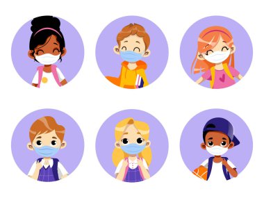 Coronavirus, Sosyal Mesafe ve Sağlık Konsepti. Beyaz arka planda virüslerden korunan tıbbi maske takan bir grup çizgi film çocuğu. Renkli Düz Biçim Vektör İllüstrasyonu