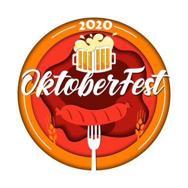 Ekim Birası ve Festival Konsepti. Büyük Yuvarlak Kırmızı, Turuncu, Sarı, Ekim Sonbahar Bira ve Sosis Festivali 2020 Beyazlar Arkaplanında İzole Edildi. Düz Biçim Vektör İllüstrasyonu