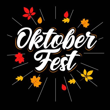 Ekim Festivali Konsepti. Güz Kırmızısı ve Sarı Yapraklar Siyah Arkaplanda Kaligrafik Yazıtlar. Tatil Dekorasyonu için el yazısıyla yazılmış mektup. Renkli Düz Biçim Vektör İllüstrasyonu