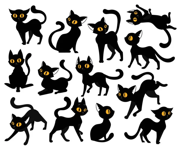 Koncepcja zwierząt domowych. Zestaw czarnych kotów z żółtymi oczami w różnych pozycjach odizolowanych na białym tle. Słodkie, złośliwe i zabawne zwierzaki w różnych postaciach. Ilustracja wektora płaskiego stylu — Wektor stockowy