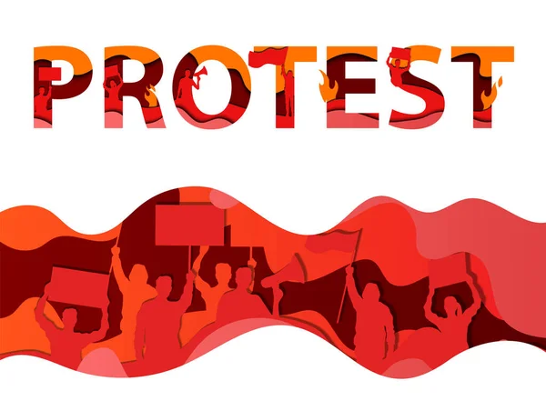 Protes, Pertemuan, Kerusuhan, Aktivisme, Patriotisme, Konsep Revolusi Politik. Protest Lettering, Wave In Red and Orange Shades With Crowd Silhouette With Flags And Banners (dalam bahasa Inggris). Ilustrasi Vektor Gaya Datar - Stok Vektor