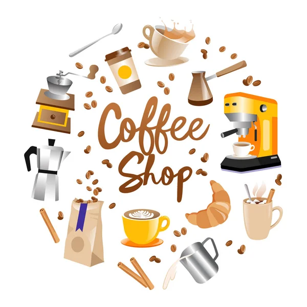 Coffee Shop Konzept. Coffee Shop Round Logo mit Schriftzug in der Mitte und Kaffeebohnen, Crouisant, Mokka, Cappuchino-Symbole herum, isoliert auf weißem Hintergrund. Vektorillustration im flachen Stil — Stockvektor