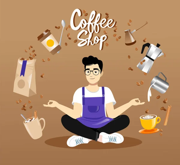 Koffieshop, Koffie Tijd, Relax Concept. Barista zit in een Lotus positie jongleren koffie met marshmallows, kaneelstokjes, lepels en andere koffie maken spullen. Vector Illustratie in platte stijl — Stockvector