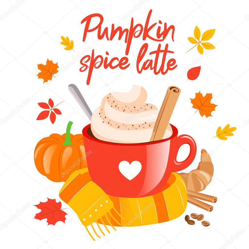 Warming Drinks Concept. Pumpkin Spice Latte, Autumn Color Poster Good For Posters, Greeting Cards, Banners, Textiles, Gifts, Shirts, Mugs Or Other Gifts. Colorful Vector Illustration In Flat Style