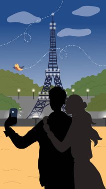 Paris 'te Yaz Tatili ya da Tatil. Genç çift Paris 'te vakit geçiriyor. Erkek ve Kadın Karakterler Selfie Yapıyor. Eyfel Kulesi 'nin arkasındaki siluetler. Vektör Resimleri Düz Biçimli