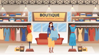 Style, Kadın Moda Butik Konsepti. Süslü Kadın Karakteri Tıbbi Koruyucu Yüz Maskesi Giyiyor ve Yeni Giysi Koleksiyonundan Bir Bluz Seçiyor. Vektör Resimleri Düz Biçimli