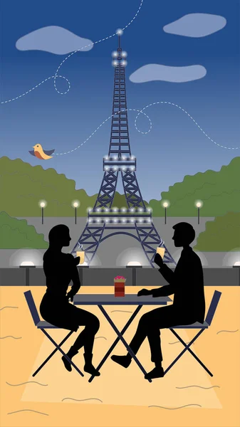 Wieczór w Paryżu Concept. Mężczyzna i kobieta sylwetki siedzi przy stole na zewnątrz Picie aromatyzowanej kawy na tle Wieży Eiffla. Romantyczny wieczór w Paryżu. Ilustracja wektora w stylu płaskim — Wektor stockowy