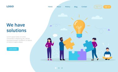 İş Çözümleri, Perspektif, Takım Çalışması Konsepti. Yapbozun parçalarını birleştiren yaratıcı karakterli karikatür kompozisyonu resmi tamamlıyor. Renkli Düz Biçim Vektör İllüstrasyonu