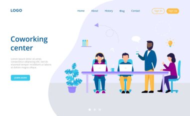 İş, Ortaklık, İşbirliği, Çalışma Merkezi Konsepti. Ofiste Bağımsızlar Toplantısı. Bir grup insan dizüstü bilgisayar, internet ve kulaklık kullanıyor. Renkli Düz Biçim Vektör İllüstrasyonu
