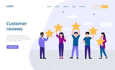 Derecelendirme, Müşteri İncelemeleri, Geri bildirim Konsepti. Erkek ve Kadın Çizgi Karakterler Grubu kafalarının üzerinde beş altın yıldız tutuyor. Beyaz ve Soluk Mor Arkaplan Üzerine Düz Şekilde Vektör Resimleri