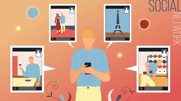 Internet, technologie, mode de vie, concept de réseau social. Jeune personnage masculin naviguant et affichant des photos sur ses profils dans les réseaux sociaux en utilisant le Wi-Fi et Smartphone. Illustration vectorielle de style plat — Image vectorielle