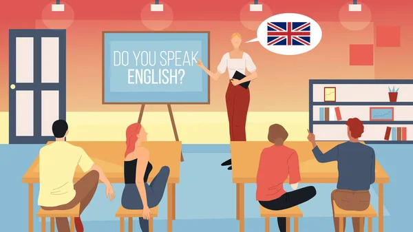 Insegnamento, Imparare l'inglese americano Concetto. Allenatrice insegna inglese con gli studenti in classe. Esercizio di lingua inglese, miglioramento delle competenze. Parli Inglese Stile Piano Vettoriale Illustrazione — Vettoriale Stock