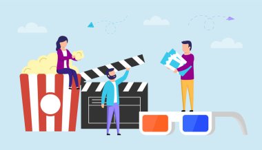 Modern sinema ve sinematografi konsept vektör ilülasyonu düz stilde. Patlamış mısır çizgili camlı, üç boyutlu gözlüklü ve siyah el çırpmalı renkli kompozisyon. Ögeleri Olan Erkek ve Kadın Karakterler