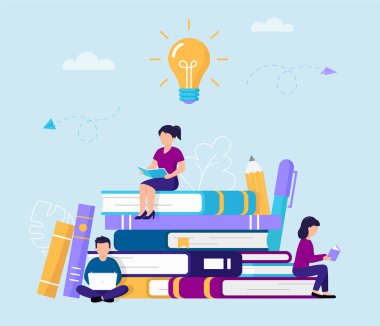 Cartoon Vector Illustration Of Group Of People Reading And Studying While Sitting On Big Books. Flat Style Characters With Books And Computer Gaining Knowledge Surrounded With Pen, Pencil, Big Lamp clipart