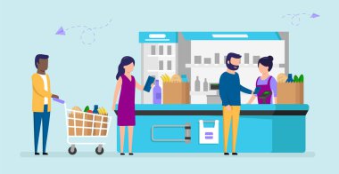 Different People Grocery Store Line At Cash Counter. Male And Female Supermarket Customers Buying Products, Man Pays With Smartphone, Woman Holds Wallet, Another Man With Cart. Vector Illustration clipart