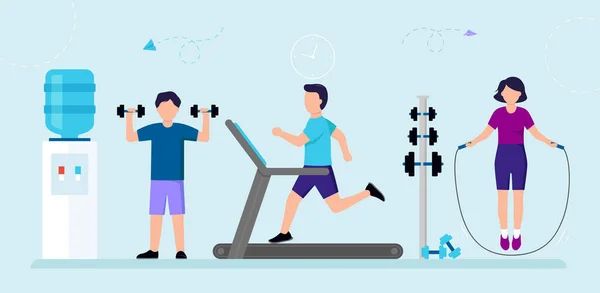 Cartoon Group of People in Gym Γυμναστική. Άντρας και γυναίκα κάνουν σπορ σε μπλε φόντο. Σύνθεση διάνυσμα με ψύκτη νερού, διαφορετικό εξοπλισμό αθλητών. Έννοια ενεργού τρόπου ζωής — Διανυσματικό Αρχείο