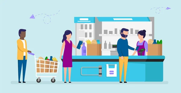 Different People Grocery Store Line At Cash Counter. Male And Female Supermarket Customers Buying Products, Man Pays With Smartphone, Woman Holds Wallet, Another Man With Cart. Vector Illustration — Stock Vector