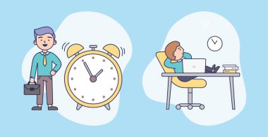 Hafta sonu ve Hafta sonu Farkları Konsepti. Erkek Karakterler Vaktini Ayarlıyor. Ofis çalışanı ve serbest çalışan, verimli çalışma saatleri. Mavi Arkaplanda Renkli Çizgi Film Düz Biçim Vektör ResmiComment