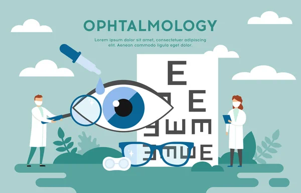 Οφθαλμολογία, Έννοια Οφθαλμολογίας. Αφηρημένη σύνθεση με Οφθαλμίατρους, Μεγεθυντικό Γυαλί, Οφθαλμική Όραση, Γυαλιά, Πιπέτα Σταγόνες Ματιών Σε Χλωμό Πράσινο Φόντο. Εικονογράφηση επίπεδου στυλ διανύσματος — Διανυσματικό Αρχείο