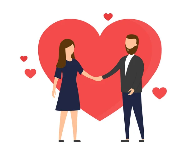 Pareja enamorada, concepto de relación. Me encanta tocar los corazones de los jóvenes. Los personajes masculinos y femeninos tienen las manos en el fondo de corazones rojos grandes y pequeños. Estilo plano Dibujos animados Vector Ilustración — Vector de stock