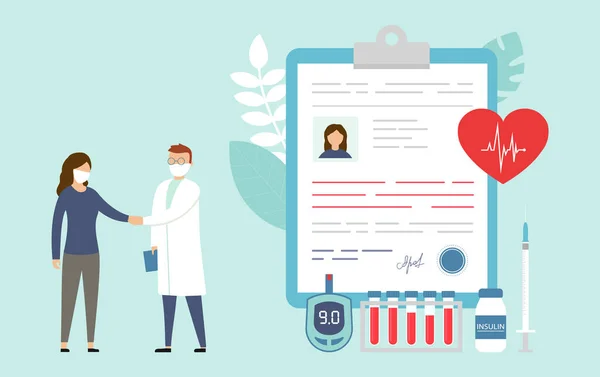 Diabetes Treatment, Insulin Production Concept. Doutor Cuidando do Paciente. Médico e paciente aperto de mão. Medidor de Glicose Sanguínea, Seringa e Frascos de Insulina. Estilo plano Desenhos animados Vector Ilustração — Vetor de Stock