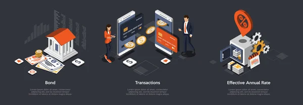 Obligation, opérations et concept de taux annuel effectif. Bond House, Property Bond. Opérations bancaires entre acheteur et vendeur. Calcul du taux annuel effectif. Ensemble d'illustration vectorielle isométrique 3d — Image vectorielle