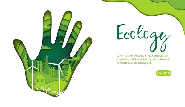 Save Ecology, Green Renewable Energy Concept. Abstrait Palm Print Dans des couleurs vert clair et foncé avec Eco Urban City à l'intérieur, isolé sur fond blanc. Illustration vectorielle colorée dans un style plat — Image vectorielle