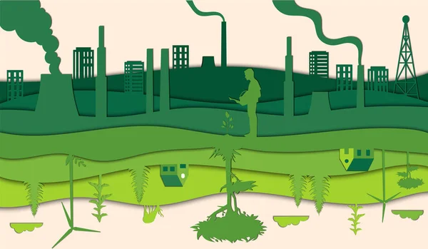 생태 및 환경 보존, 재생 가능, 대체 에너지, 녹색 전기 개념. 환경 오염, 녹색 자연, 환경 창조적 아이디어. 형형색색의 무늬 Vector Illustration — 스톡 벡터