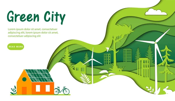 Urban Green City konsepti. Valtava vihreä aalto, jossa vihreä kaupunki ja luonto on kuvattu sisäpuolella, joka liittyy taloon, jossa on aurinkopaneelit, jotka on asennettu kattoon. Tasainen tyyli vektori kuvitus valkoisella taustalla — vektorikuva