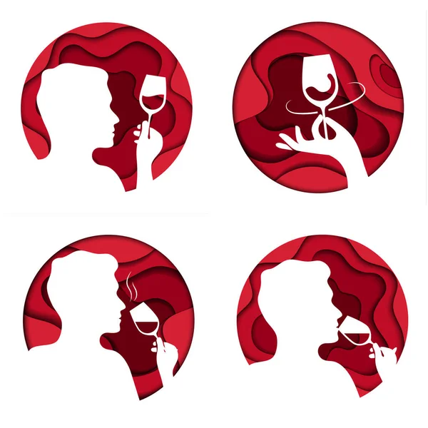 Concetto Degustazione Vino Rosso. Sommelier che prova il vino. Uomo silhouette Degustazione di vino rosso da un bicchiere. Set di loghi astratti rotondi isolati su sfondo bianco. Illustrazione vettoriale semplice colorato stile piatto — Vettoriale Stock