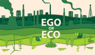 Ego ya da Eko herkesin tercihi, dünyayı kurtarmak, geleceği bizim ellerimizde tutmak. Sağlıklı Yeşil Çevre ile Çevreye Karşı Kirlenmiş, Radyoaktif Çevre dostu Dünya. Çizgi film Düz Biçim Vektör İllüstrasyonu