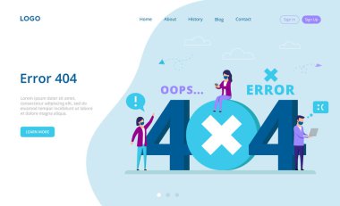 Ağ Hatası Kavramı. Hata 404, Sayfa Bulunamadı Şablonu. İnternete bağlanan aygıtları kullanan çizgi film karakterleri 404 hatası nedeniyle web sayfasını açamıyor. Soyut Düz Biçim Vektör İllüstrasyonu