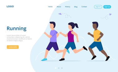 Spor, egzersiz, koşu, sağlıklı yaşam tarzı konsepti. Koşucular, Hareket halindeki Koşucular, Spor Koşu Karakterleri, Sporcular Eğitimi. Basit Çizgi Film Düz Biçim Vektör İllüstrasyonu