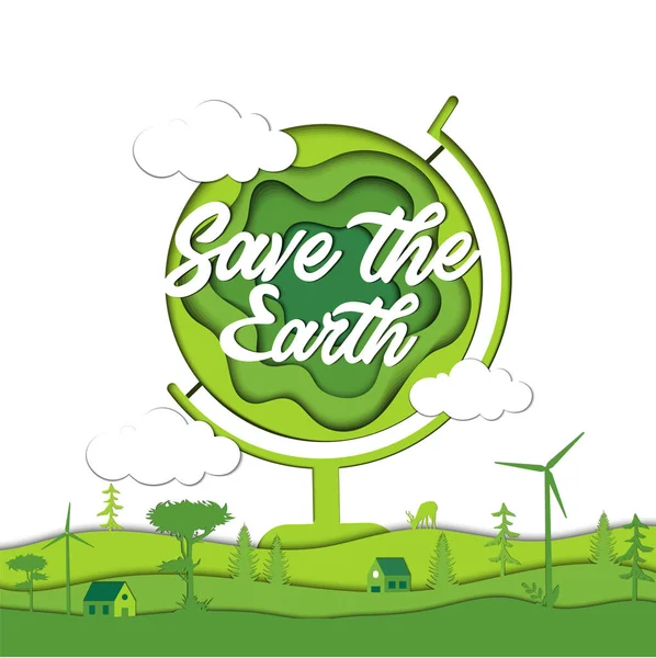 Energia ecologica, Salva la Terra, Proteggere il nostro pianeta, Energia rinnovabile verde, Concetto di conservazione dell'ambiente. Enorme globo verde stratificato in piedi nel campo. Illustrazione vettoriale in stile piatto — Vettoriale Stock