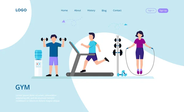 Υγεία και Αθλητισμός, Γυμναστική και Γυμναστική Έννοια. Άντρας και γυναίκα χαρακτήρες κινουμένων σχεδίων Εκτέλεση, Άλμα με σχοινί, ανύψωση Dumbbells, Τρέχοντας σε ένα διάδρομο στο γυμναστήριο. Εικονογράφηση επίπεδου στυλ διανύσματος — Διανυσματικό Αρχείο