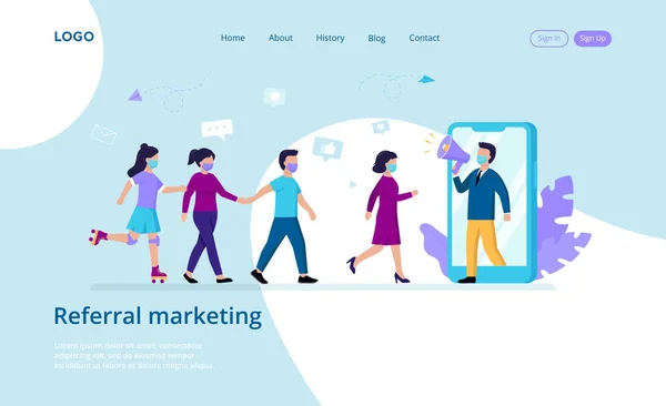 Referral Marketing, Marketing sieciowy, Referral Program Strategy, Refering Friends, Partnerstwo biznesowe, Affiliate Marketing Concept. Reklama, wyszukiwanie poleceń. Ilustracja wektora płaskiego — Wektor stockowy